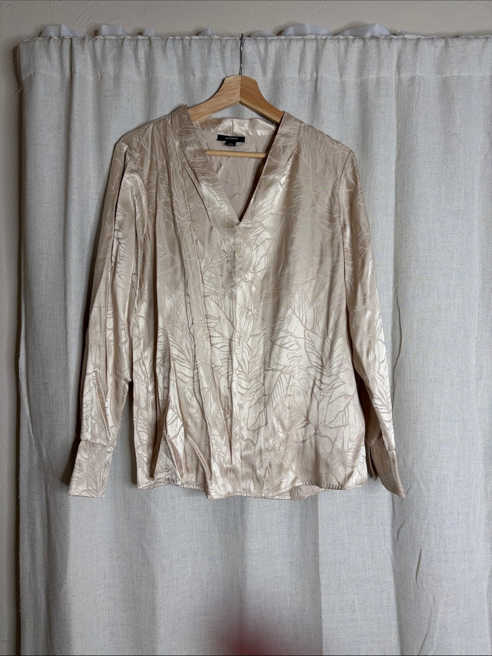 Alfani Cream Satin-Look V-Neck Long Sleeve Blouse